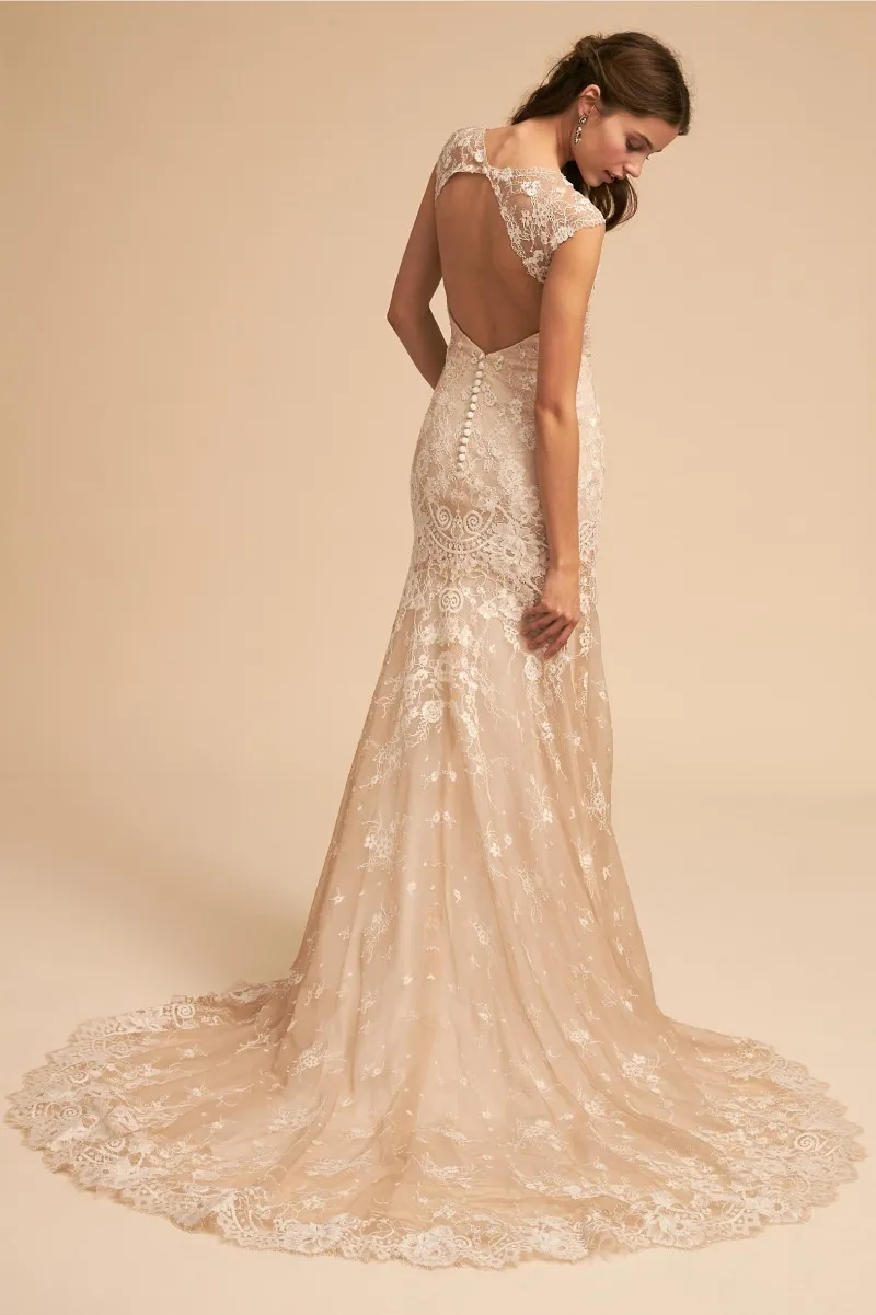 2018 Bhldn V Neck Koronki Syrenki Suknie Ślubne Koronki Aplikacja Backless Sweep Pociąg Suknie Ślubne Suknie Ślubne