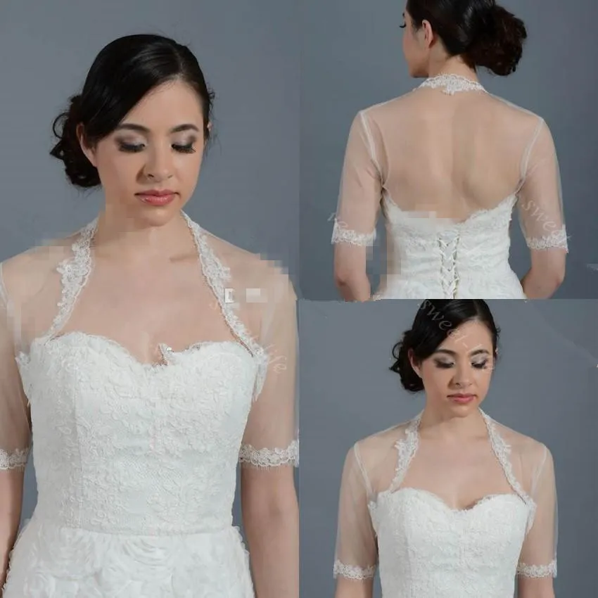 Pas cher dentelle mariage mariée boléro veste Cap Wrap haussement d'épaules ivoire blanc transparent à manches courtes Applique Tulle veste sur mesure pour Weddin294I