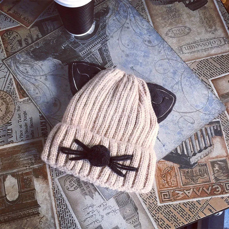 الشتاء الدافئ التطريز قبعة للنساء آذان القط الصوف بيني القبعات قبعات تزلج سميكة skullies pompom