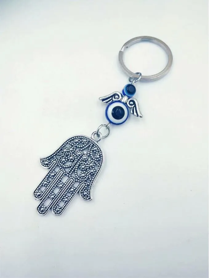 Mode smycken Blue Evil Eye Lucky Fatima Hamsa Hand Turkish Evil Eye Charm Protection Hanger Crystals Car Feng Shui Keychain-1241i