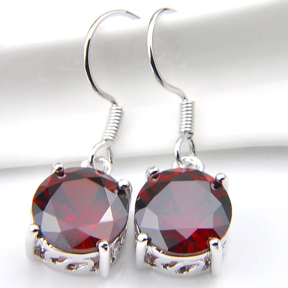 LuckyShine clássico Dazzling fogo vermelho redondo Garnet Brincos de prata Dangle Brincos para Mulheres Cubic Holiday Party Zirconia Jewelry gratuito shippi