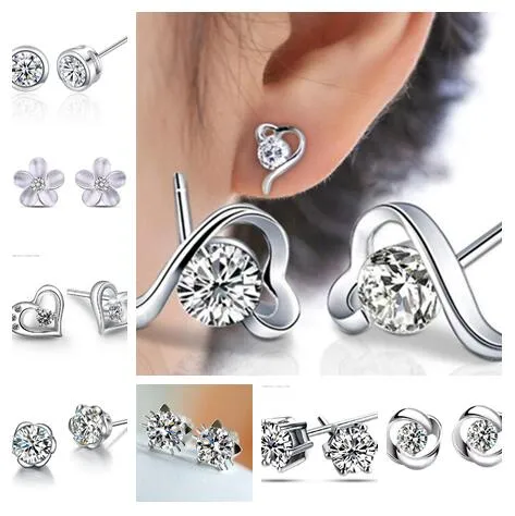 mélange de ventes chaudes 12 style 12 paires de boucles d'oreilles en cristal de zircon cubique de luxe S925 couronne plaquée platine fleur coeur d'amour boucles d'oreilles