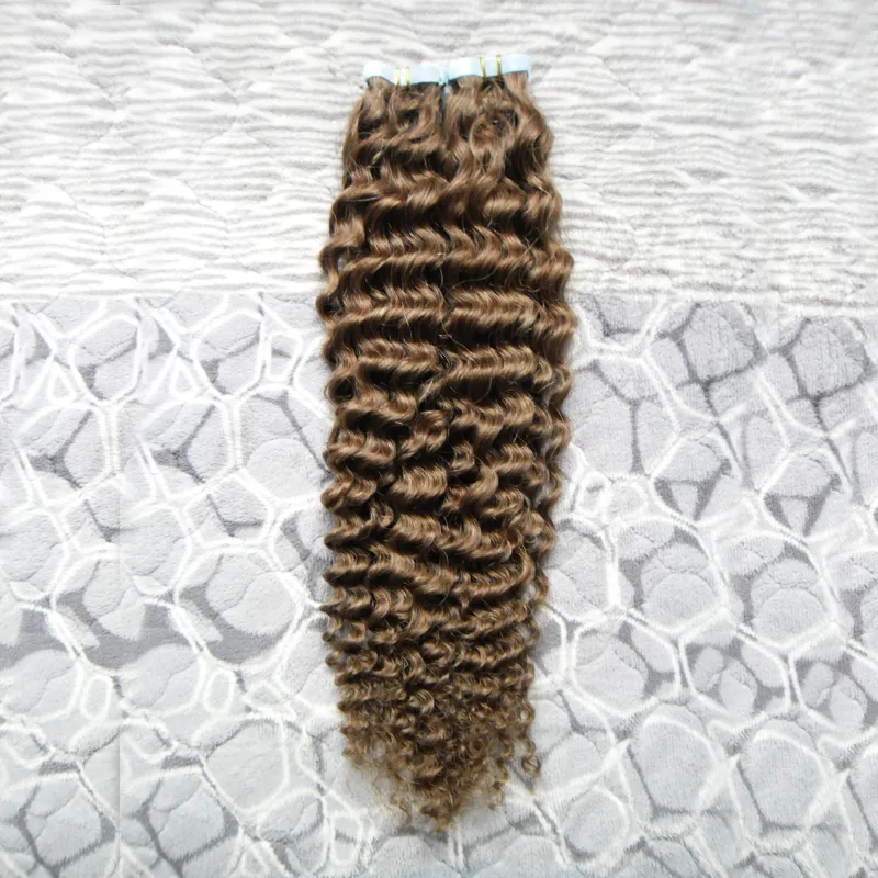 #6 Medium Brown afro kinky curly Tape Hair Extensions 100g mongolian kinky curly Skin Weft Human Hair Machine Made Remy