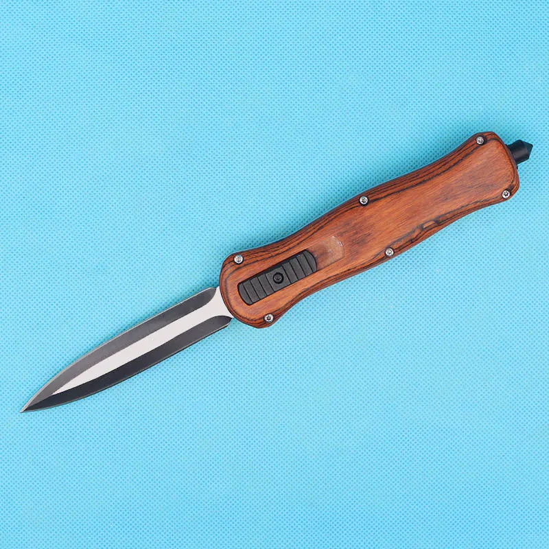 Borboleta A016 auto faca tática 440C borda dupla lâmina fina marrom punho de madeira ao ar livre facas de bolso com nylon