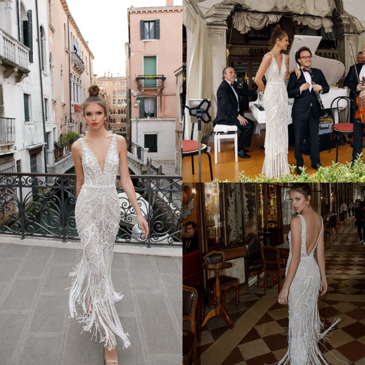 Julie Vino Luxury Wedding Dresses Crystal Tassel Beaded Sexy Deep