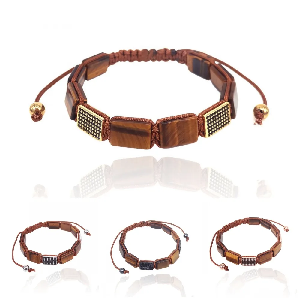 Hot Sale Natural stone Bracelet tiger eye Rectangle bead & Black cz  braided macrame bracelets For Men Women jewelry gifts