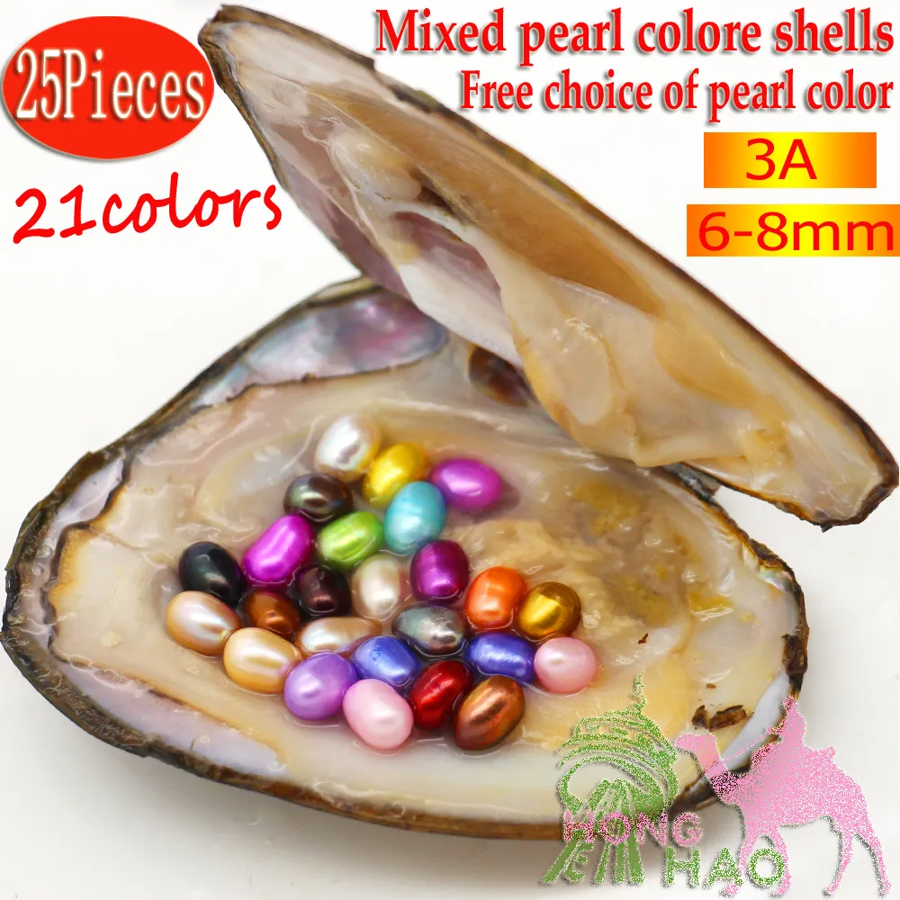 Partihandel naturliga sötvattenspärlor med ostron, 6-8mm25 blandad färg ovala pärlor packade i ostron i vakuum gratis frakt
