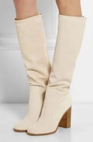 2018 kvinnor stövlar beige vit färg knä hög booties chunky heel design stilig fest skor kvinnor långa gladiator botas