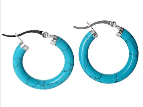 Lady's 30mm Jade / Turquoise / Agate 925 Silver Ring Hoop Leverback Örhängen Multi-Färg Valfritt