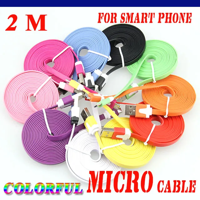Cell phone 2M Colorful Noodle Flat Cable V8 Micro USB Data Charger Cable For Samsung S3/S4/S5 Xiaomi Micro USB Cable Free Shipping