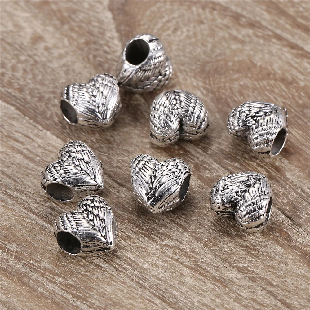 100st Sil Silver Tone 11 8 11 26mm Feather Heart Bead Charm Cute Love Heart Angelic Feathers Beads Fit Pandora Armband Bangle Di318U