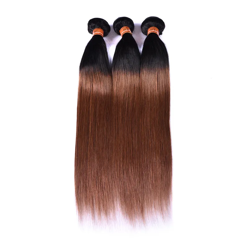 Dois Tons Ombre Cabelo Liso Loira T1B 30 Extensões de Cabelo 3 Pacotes Para Parcela Preto Para Marrom Escuro Seda Reta Virgem Humana Ha3784741