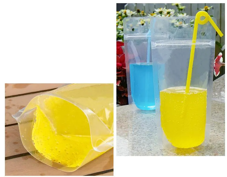 500ml bebida de plástico auto-selado Transparente Embalagem Bag Bolsa para Juice bebidas Coffee Milk, com alça e buracos para Straw SN055