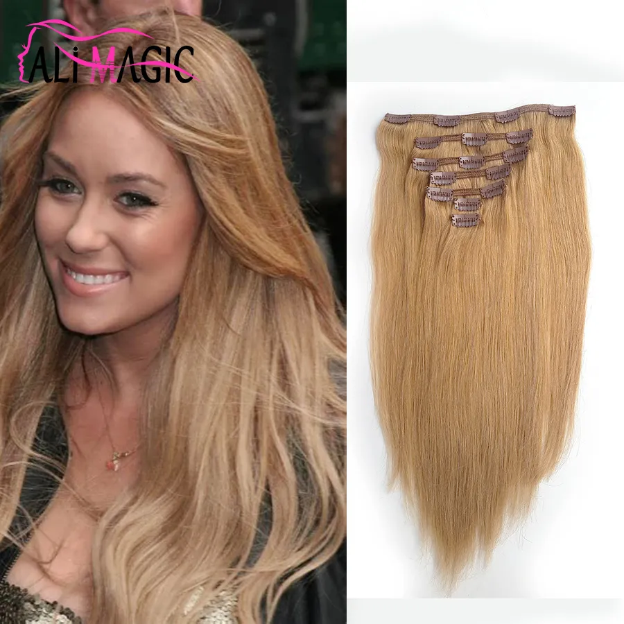 Clip Curly Hair Extensions Clip i äkta mänskliga hårförlängningar Rak ljusbrun (# 6) 7 stycken 100 gram / 2.82oz 20 färger valfri