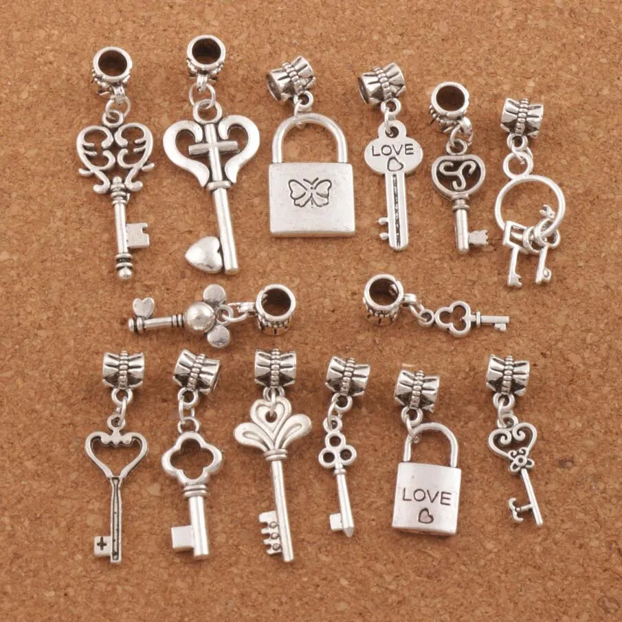 14styles liga amor chave medalhão solto contas charme 140 pcs / lote metal grande buraco balanço apto europeu pulseira jóias diy