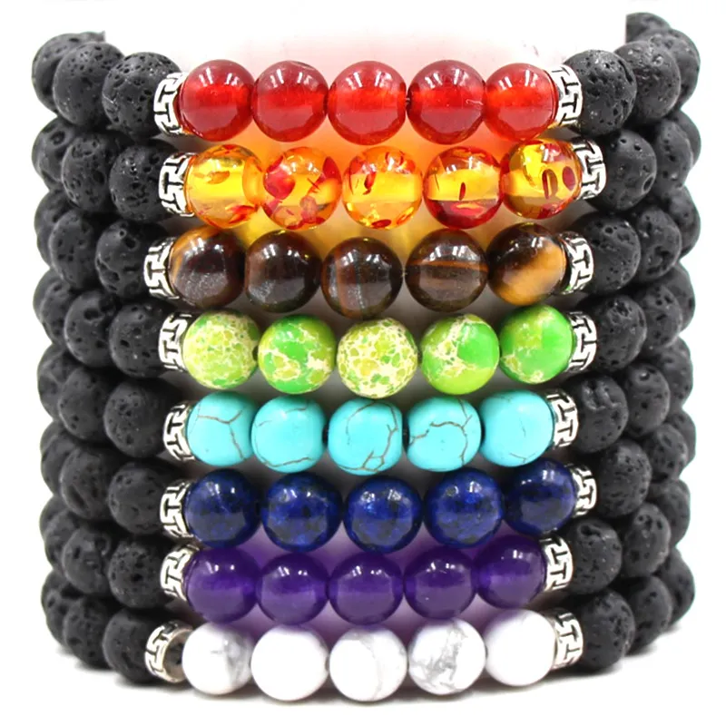 Perles de pierre de lave noire naturelle Bracelet 7 Chakra Bracelet diffuseur d'huile essentielle oeil de tigre Turquoise roche volcanique Bracelets de yoga perlés