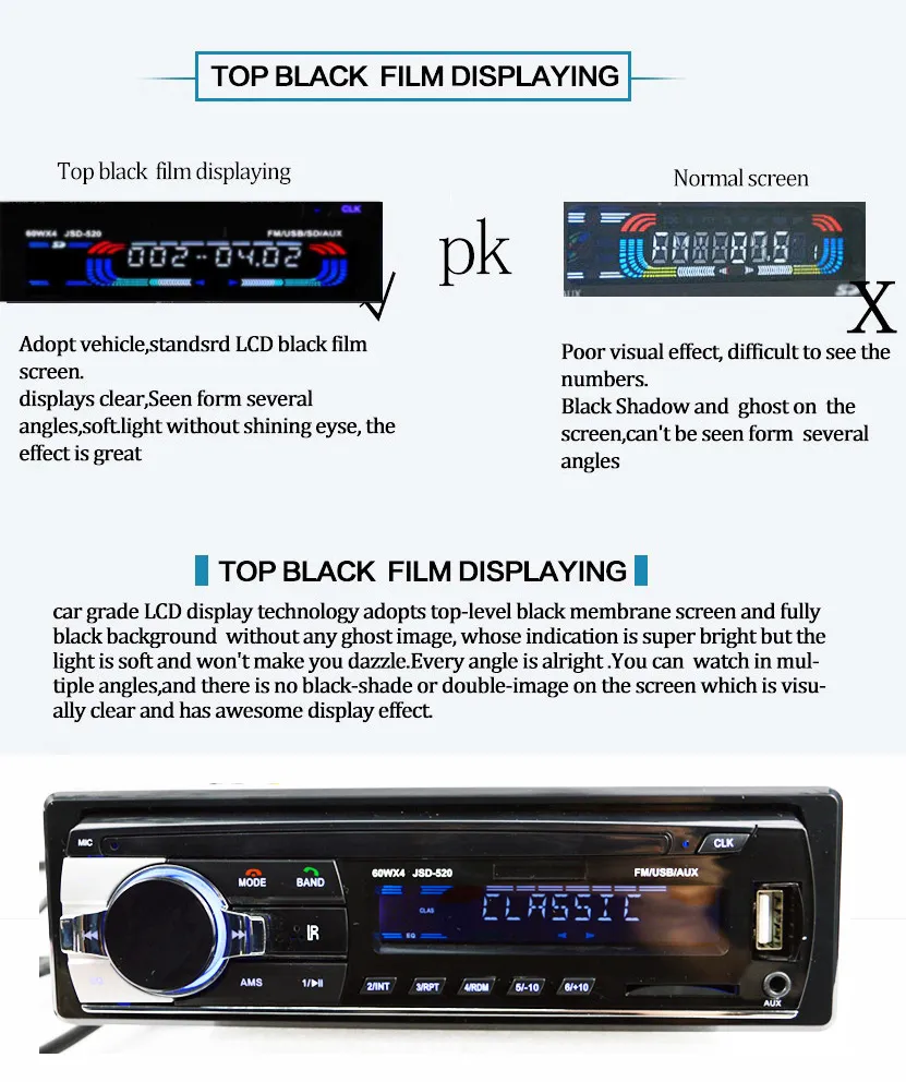 JSD520 Autoradio 12V Bluetooth V2.0 Stéréo MP3 Au tableau de bord 1 Din FM Aux entrée récepteur SD USB MP3 MMC WMA Autoradio