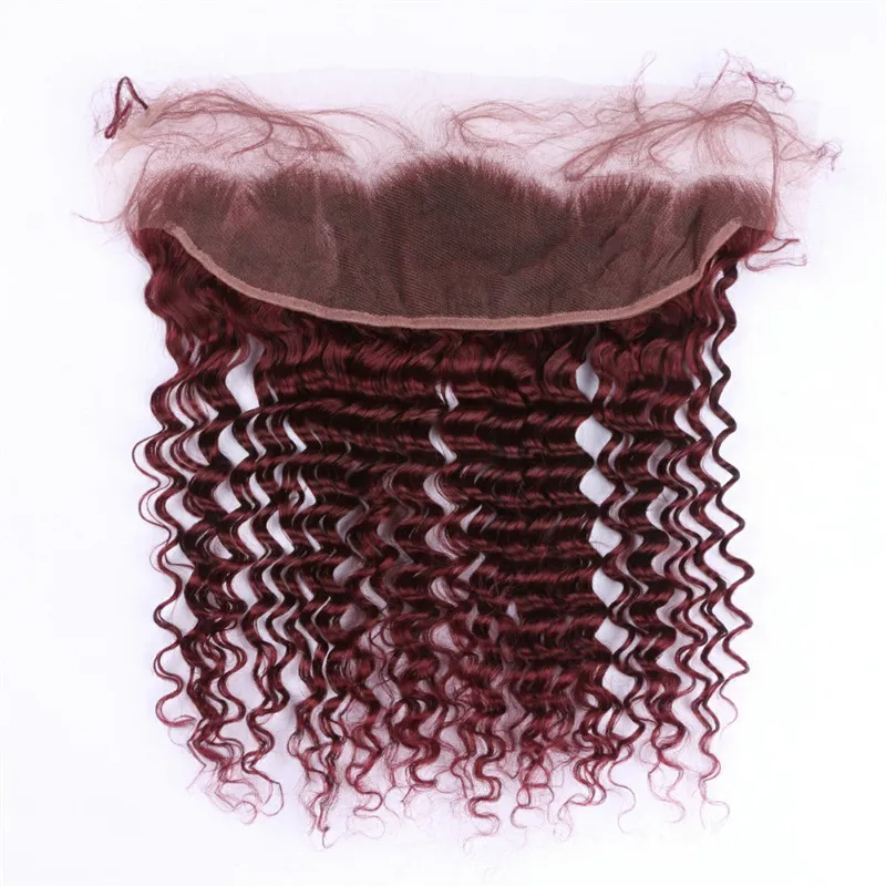 Djupvåg # 99J Vinrött öra till öra 13x4 spets frontlås Virgin Brasiliansk Burgundy Human Hair Full Lace Frontal Deep Wavy