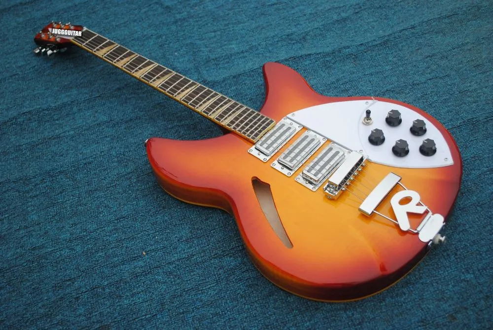 Ken Cherry Sunburst 360 330 Semi Hollow Body 6 corde per chitarra elettrica 3 pickup triangolo giallo tastiera MOP intarsio