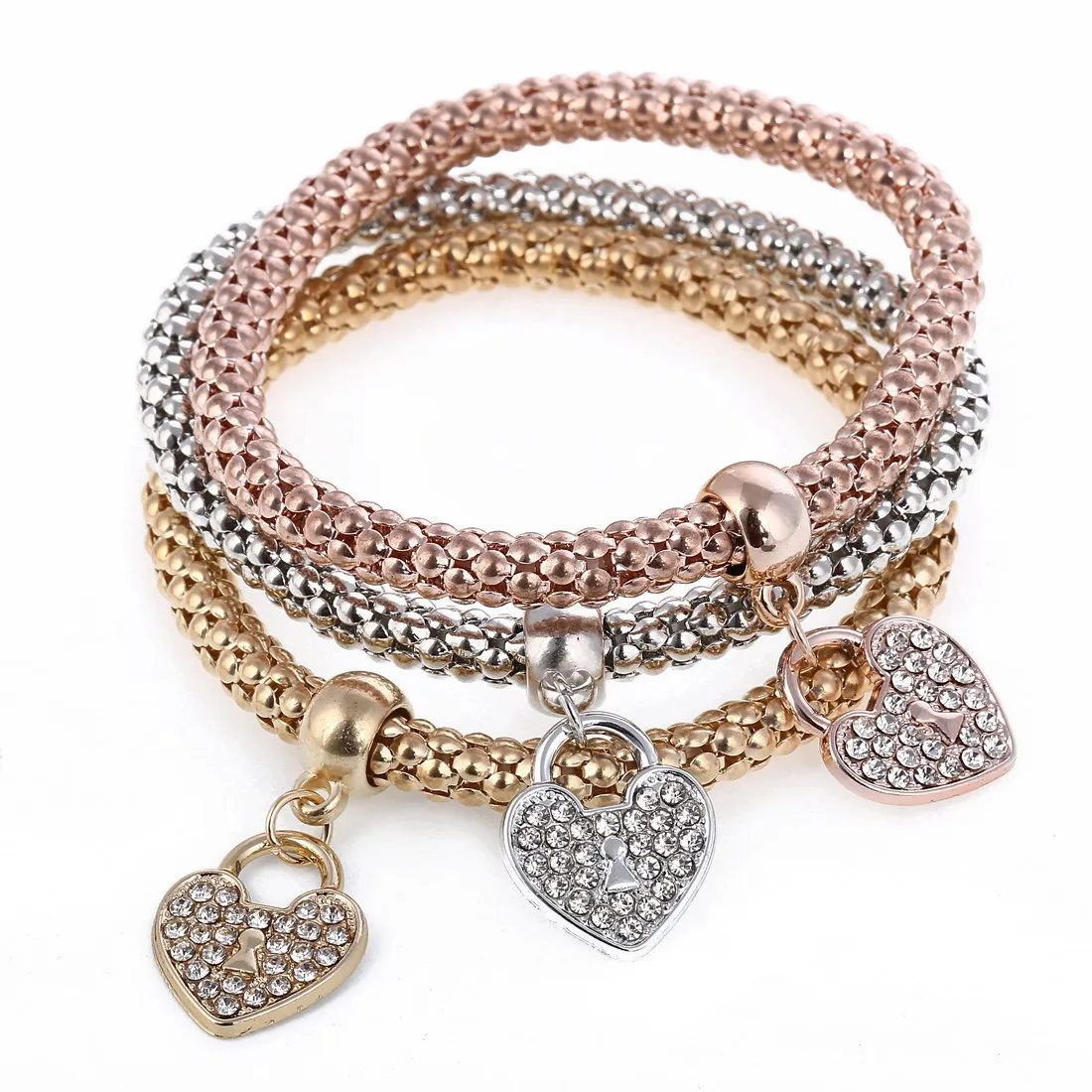 Hot Selling Fashions beautiful Personality Three-color Stretch Corn Chain Diamond Love Heart Bracelet free shipping HJ174