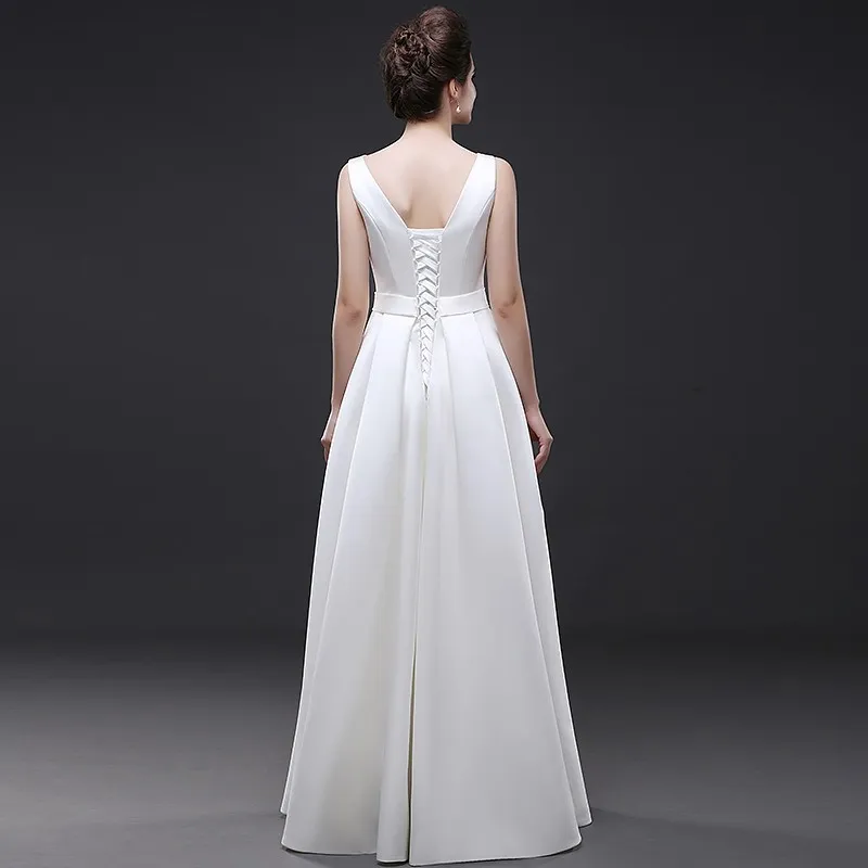 Long Satin Modest White wedding Dress Sleeveless A Line Women Formal Wedding Gowns Without Tail Lace-up Closure