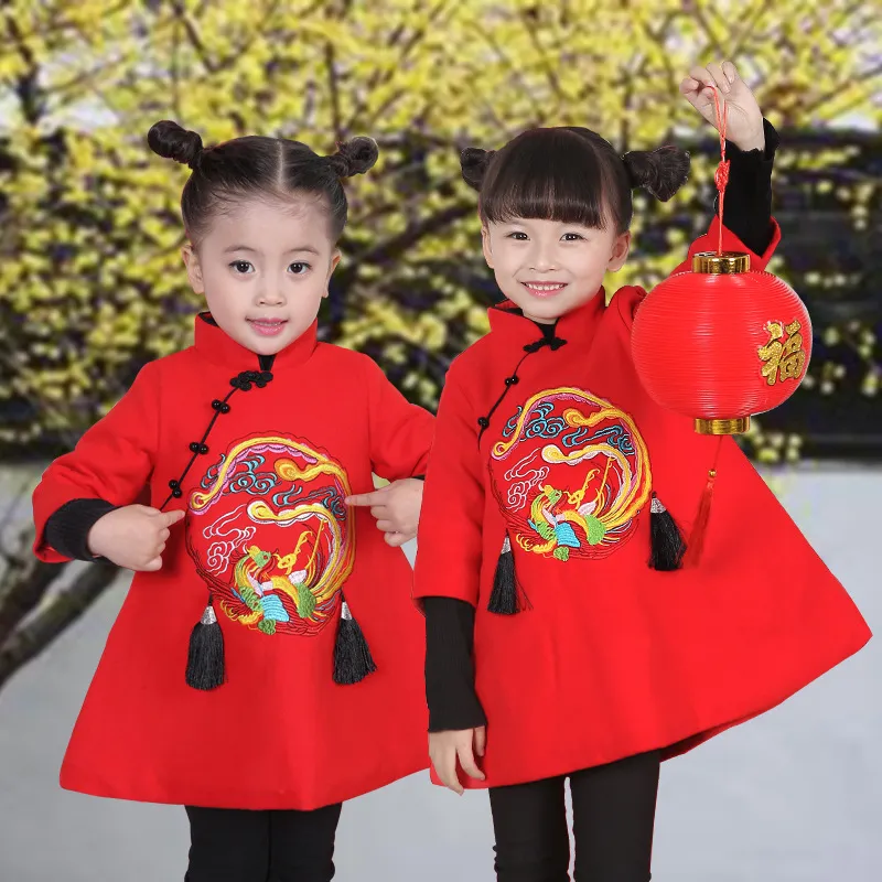 2018 Vestiti di capodanno Ragazze in stile cinese Abito cheongsam ricamato Autunno Inverno Abbigliamento bambini Vestiti neonate Abbigliamento bambini spessi