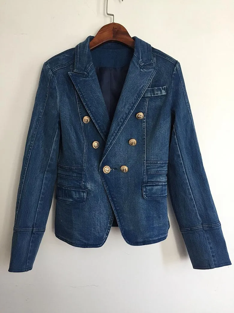 Ny stil Toppkvalitet Originaldesign Dam Dubbelknäppt Slim Washing Jeansjacka Metall Spänne Blazer 0utwear 1762