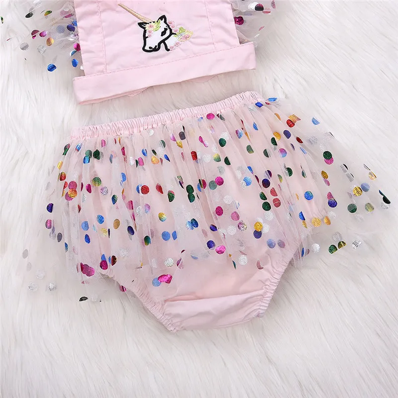 Summer Baby Girl Clothes Cute Infant Girls Outfits Unicorn Rainbow Dot Printing Crop Top Tutu Shorts kjol 2st Småbarn Girls CL3009029