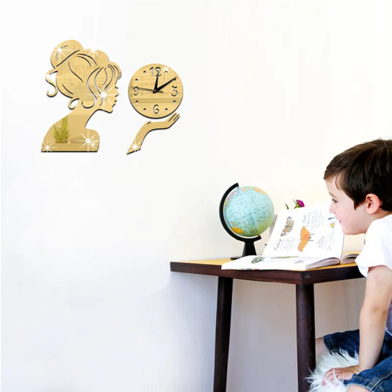 Wall clock The clock on the wall Originality fashion Technology Mirror girl Mirror stickers Clocksandwatches Wall stickers