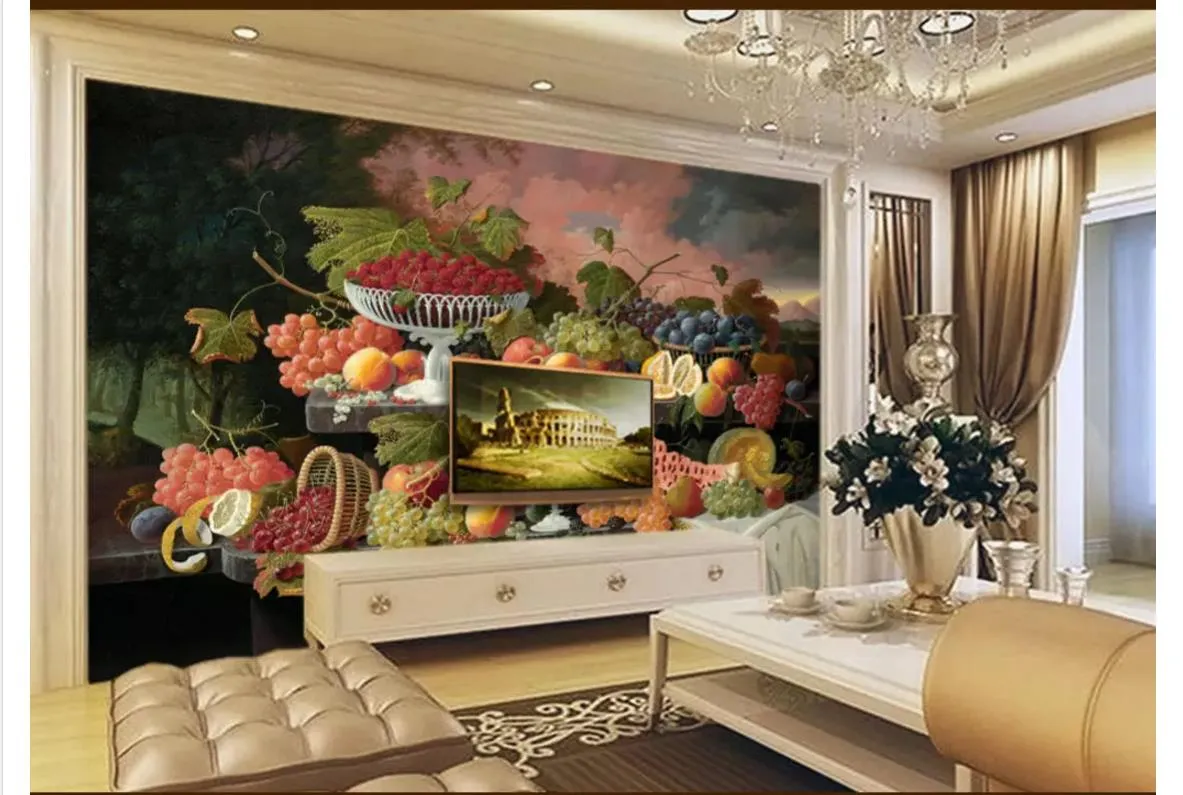 Aangepaste 3D Muurschilderingen Wallpaper 3D Foto Behang Muurschilderingen Twee partities onder de zonsondergang Stilleven met fruit Westerschilderij Decor