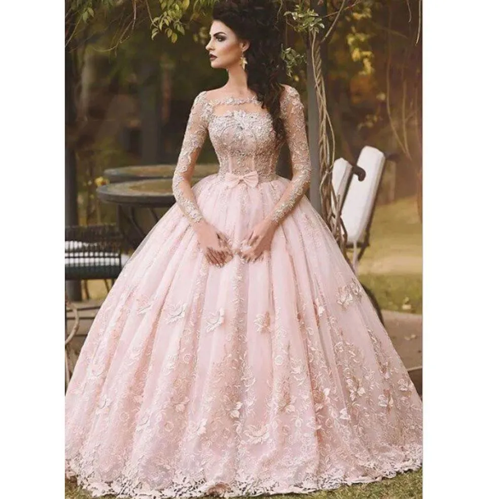 Abiti da ballo Abito da ballo Applique in pizzo Manica lunga rosa Fiocco Collo trasparente 2018 Vintage Sweet 16 Ragazze Debuttanti Abito Quinceanera Eve193G