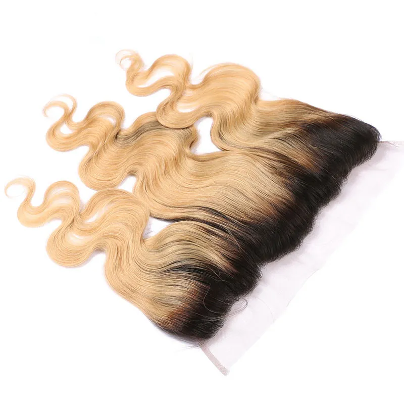 Honey Blonde Ombre девственницы индийский Пучки волос с 13x4 Кружева Фронтальная Закрытие тела волна 1B / 27 Ombre ткет волос с Full Frontals