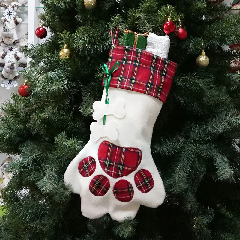 Juldekorationer hund Paw Snowflake Christmas Socks hänger Christams Tree Candy Present Bags Party Home Decor Drop Ship 110206
