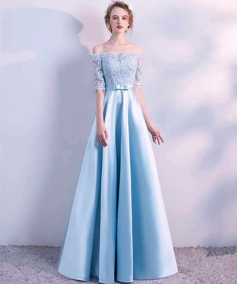 Off Shoulder Satin Evening Dresses Baby Blue 2018 Half Sleeves Långkvällar Golvlängd Prom Dress