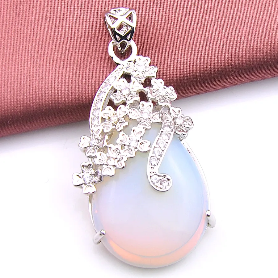 Luckyshine 6 Pcs / Lot Classic 100% Natural Water Drop Cut Diamond White Fire Moonstone Gemstone Vintage Silver Pendants Necklace Jewelry