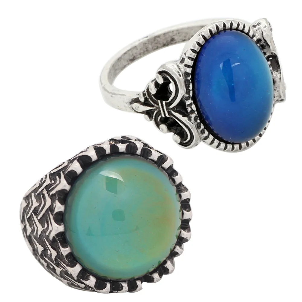 Wholesale Womens Antique Silver Plated Color Change Mood Stone Ring 2Pcs/Set