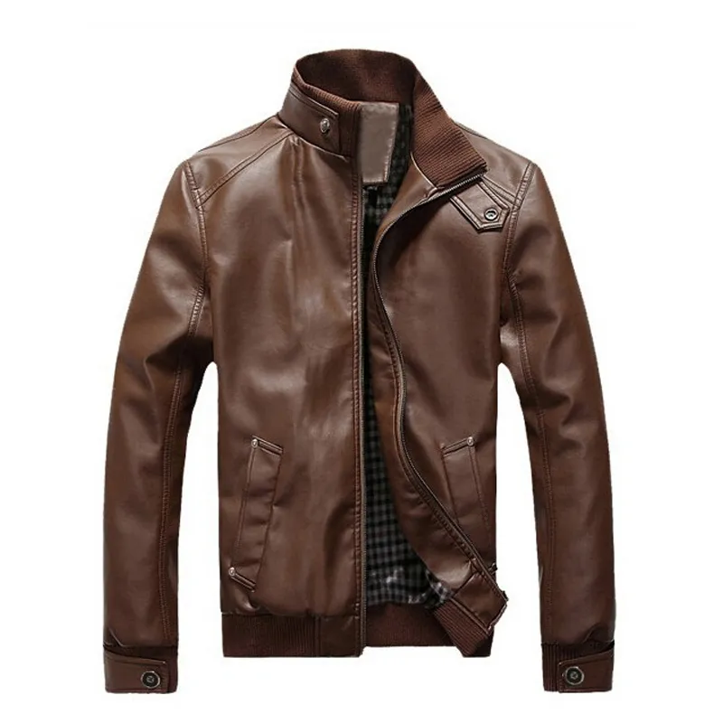 Wholesale- Mens Stand Collar Faux Leather Jackets Autumn Winter PU Motorcycle Jackets Slim Coat Overcoat Slim Zipper Outerwear 2J0001