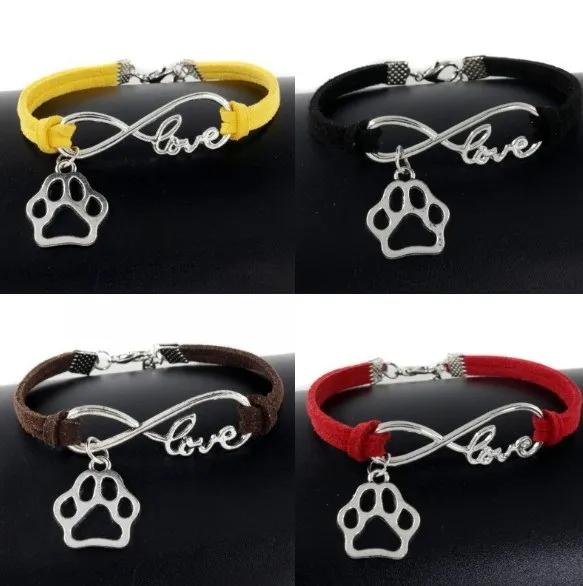 Vintage Zilveren Liefde Infinity Charms Cat Dog Paw Prints Armband Bangle Voor Vrouwen Gemengde Kleur Fluwelen Touw Armbanden Sieraden Geschenken