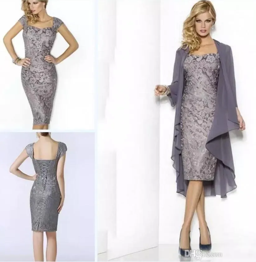 Hot Elegant Mamma Brudklänningar Sweetheart Knä Längd Evening Gowns Sheath Cap Sleeve Lace Mors Klänning med jacka