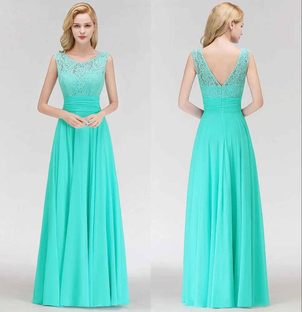 Hunter Chiffon Country Long Bridesmaid Dresses Crew Neck spetsen Topp rygglös golvlängd Bröllopsgäst Maid of Honor Dresses HY4248