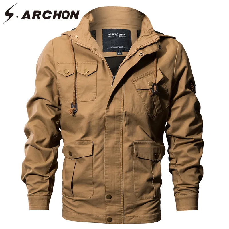 S.ARCHON US Air Force Tactical Hooded Pilot Jackets Men Winter Warm Cotton Military Bomber Jacket Cargo Outerwear Flight Clothes