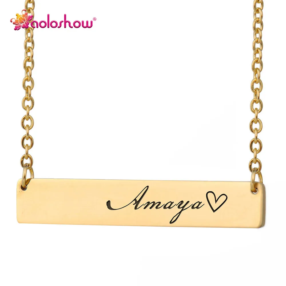 Custom Personalized Name and Number Bar Necklace Women Gold Color Stainless Steel Engraved Heart Coordinates Name Words Simple OL Jewelry NL2652