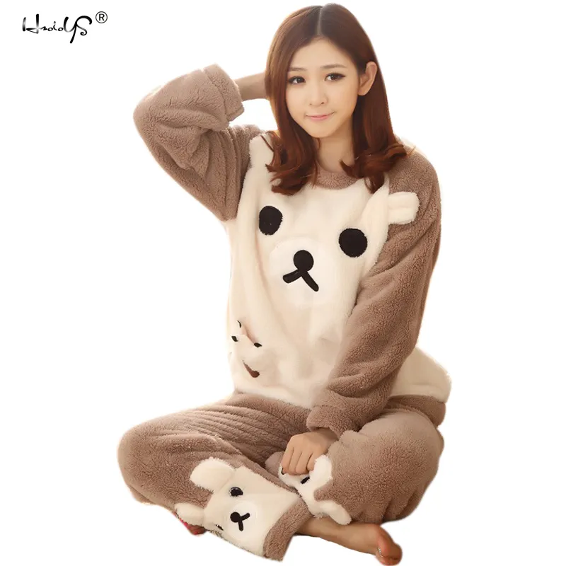 Vrouwen pyjama sets 2018 herfst winter flanel cartoon warme pyjama's vrouwen homewear dierlijke nachtkleding kat vrouwelijke pyjama s1015