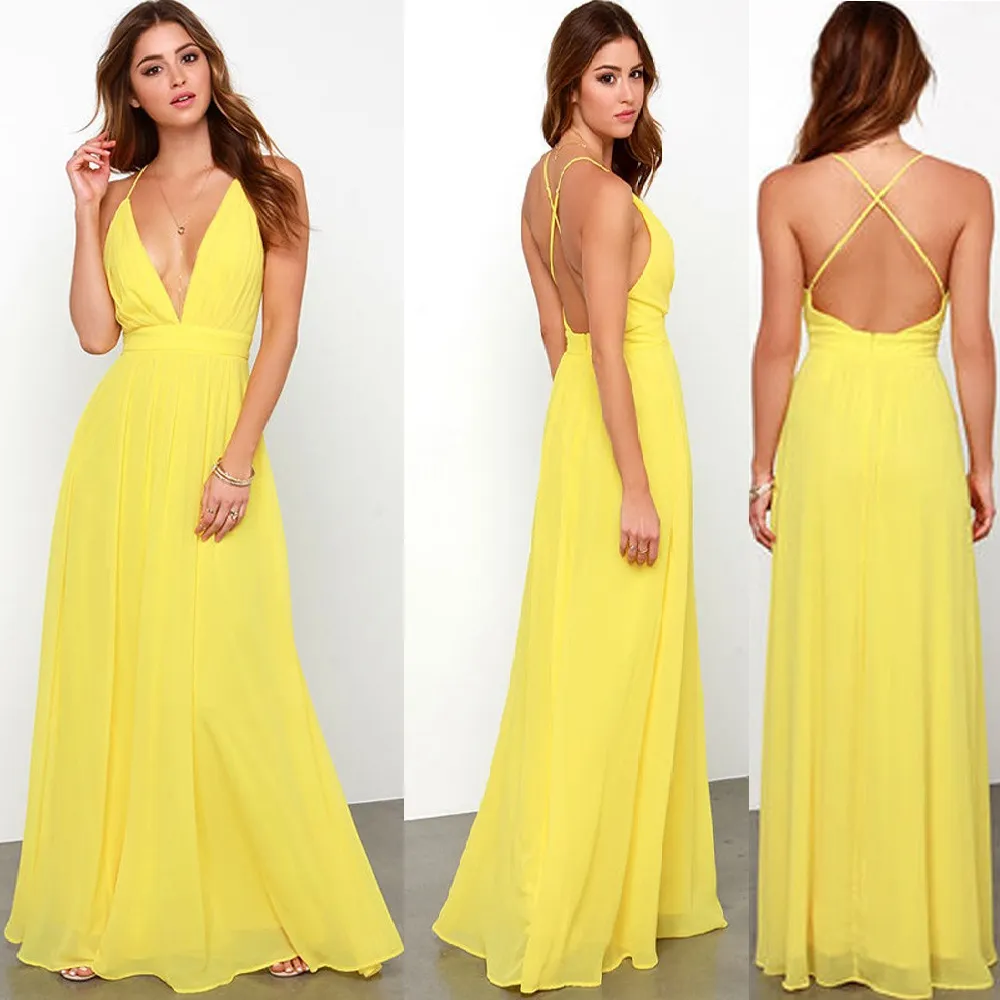 2018 желтый цвет женщин спагетти ремень шифон платье спинки Sexy Boho Beach богемной платье Бесплатная доставка