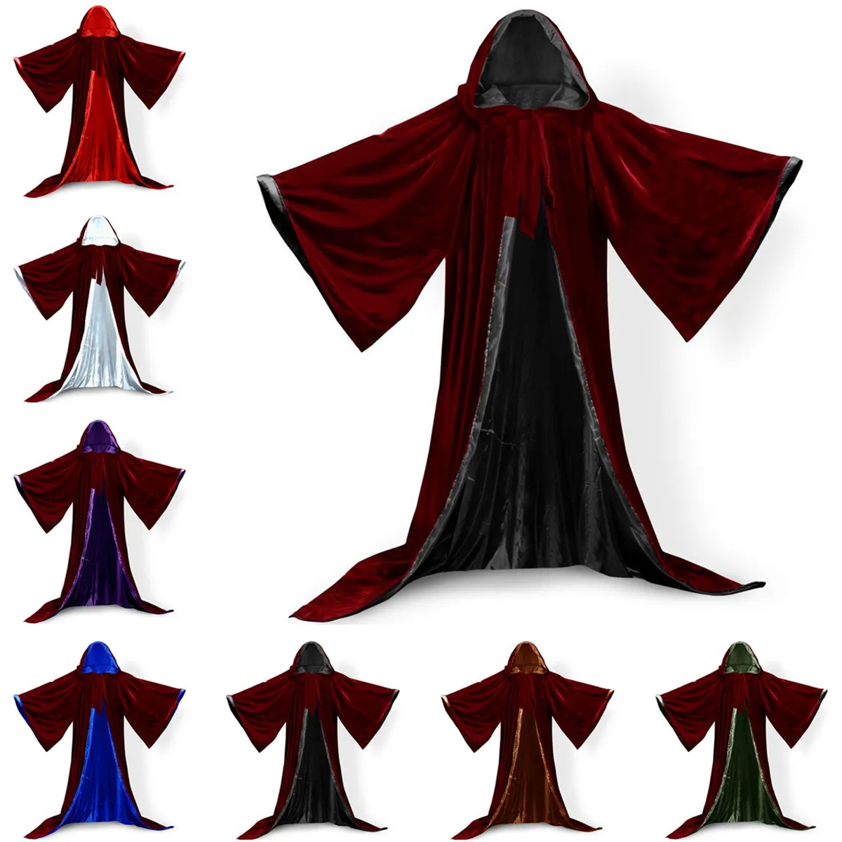 Długie rękawy aksamitne z kapturem płaszcz ślubny Velvet Cloak Halloween Party Witchcraft Cape Medieval Wicca Robe Kids Cosplay 2908723