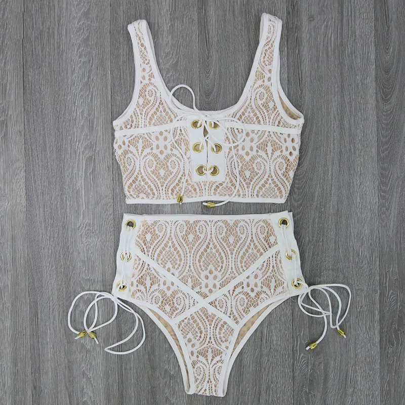 Preto branco renda cintura alta maiô conjunto de biquíni sexy sólido biquinis feminino push up banho banting terno swim3390847