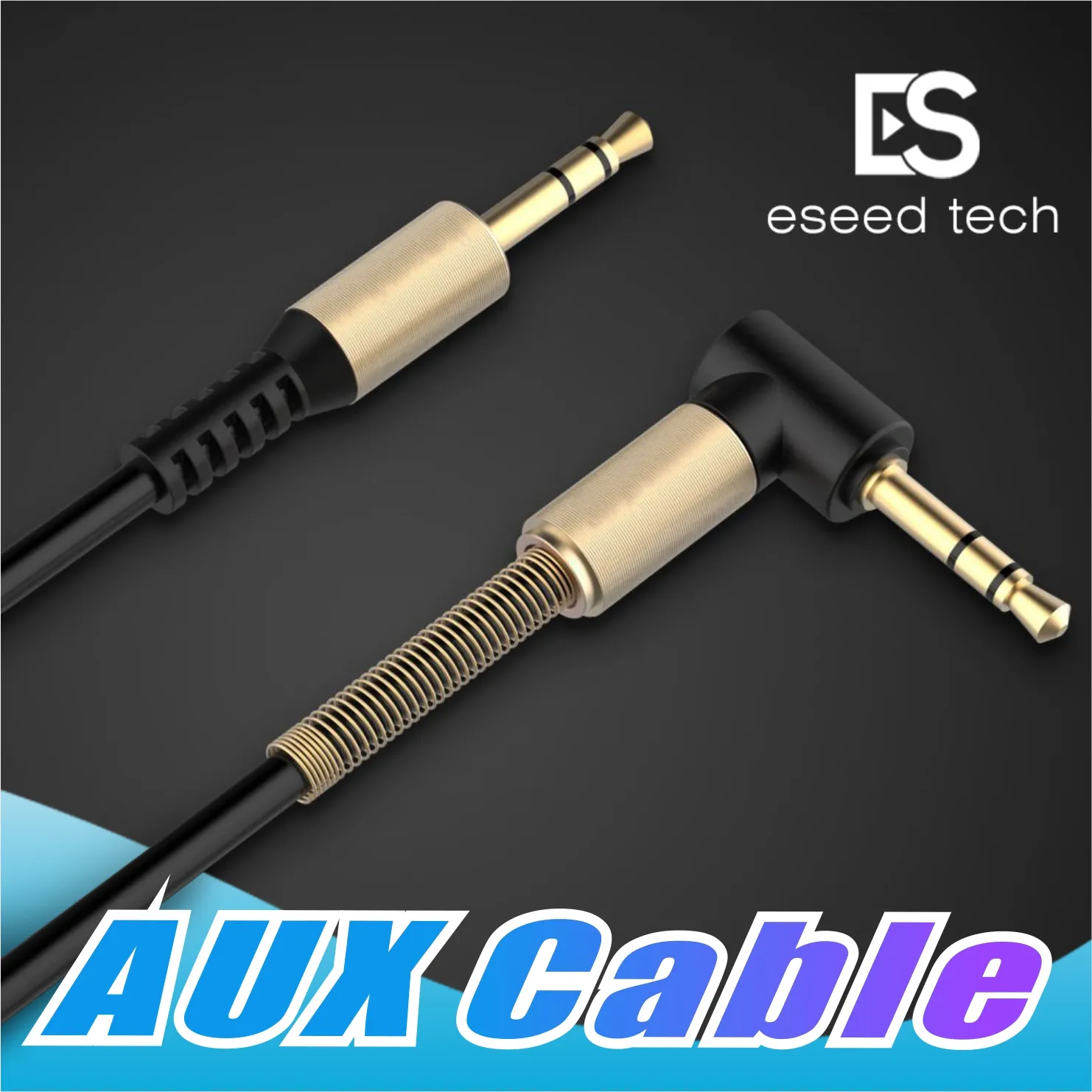 3.5mm extra ljudkabelkabel Flat 90 graders höger aux-kabel med stålfjäderavlastning för hörlurar iPods iPhones hembilstereo
