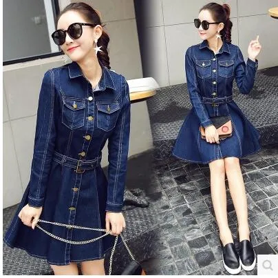 Nieuwe koreaanse mode vrouwen turn-down kraag lange mouwen denim jeans sjerpen a-lijn jurk plus maat XXL