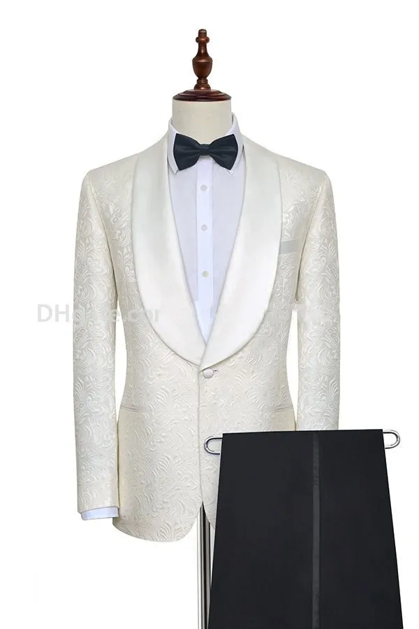 Custom Made White Paisley Bruidegom Tuxedos One Button Side Vent Heren Party GroomsMen Pakken Mens Bedrijfskleding (Jas + Broek + Tie + Gordel) Nee; 19