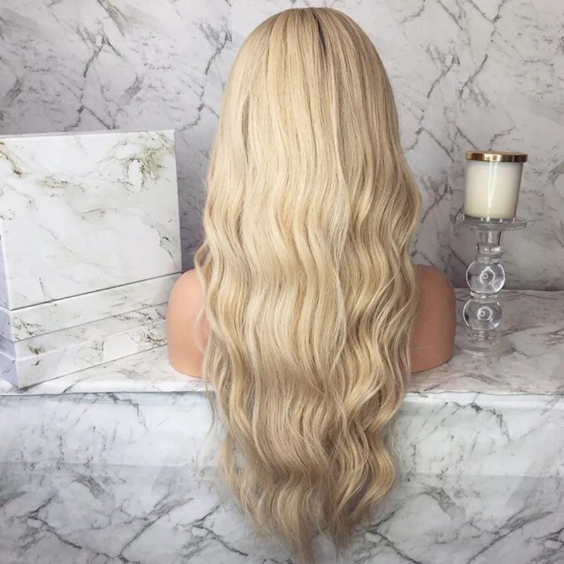 Ombre Light Blonde Lace Front Wig med bruna rötter Långa vågiga två tonfärg Gluvlösa syntetiska spetsar för svarta kvinnor